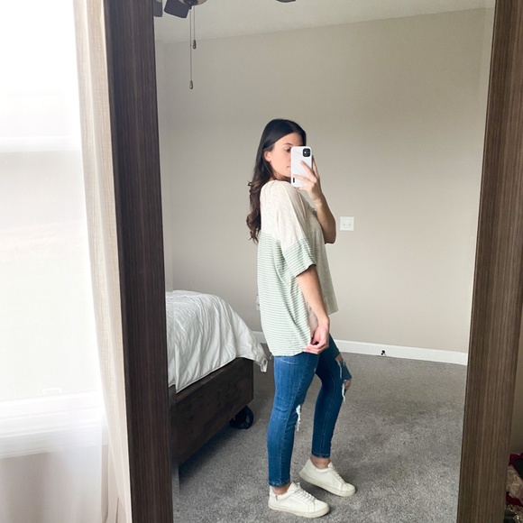 Oversized Shirt with Green & White Stripe Detail and Back - Picture 3 of 5